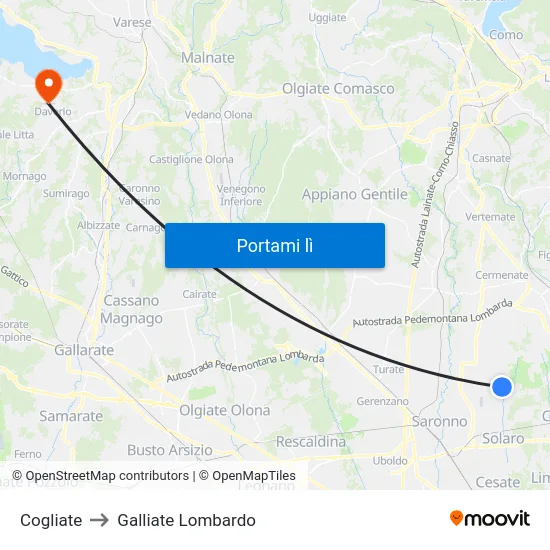 Cogliate to Galliate Lombardo map