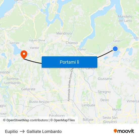 Eupilio to Galliate Lombardo map