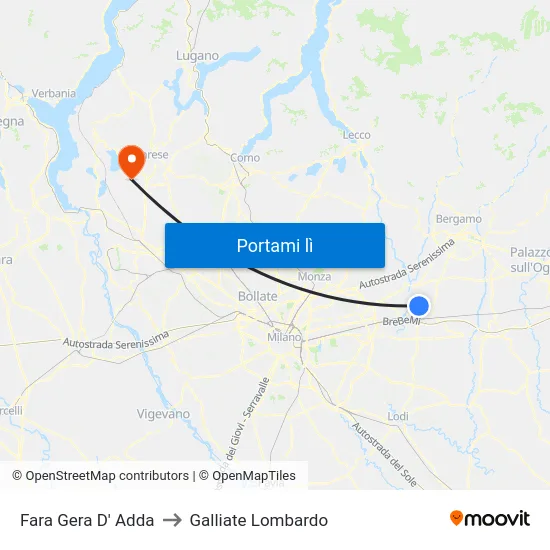 Fara Gera D' Adda to Galliate Lombardo map