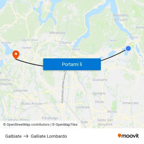 Galbiate to Galliate Lombardo map