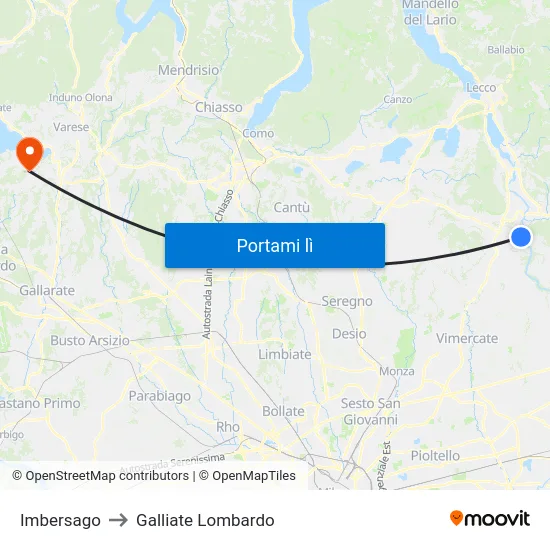 Imbersago to Galliate Lombardo map