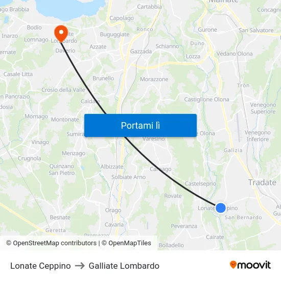 Lonate Ceppino to Galliate Lombardo map