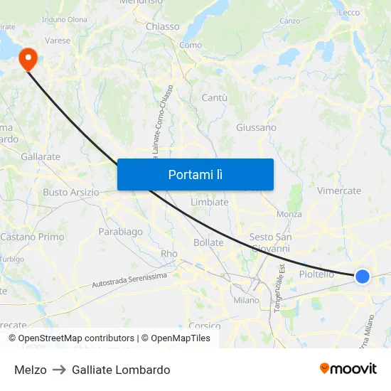 Melzo to Galliate Lombardo map