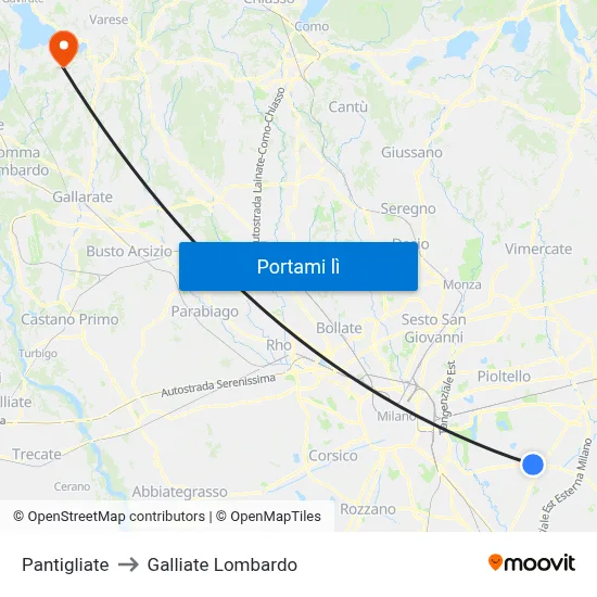 Pantigliate to Galliate Lombardo map
