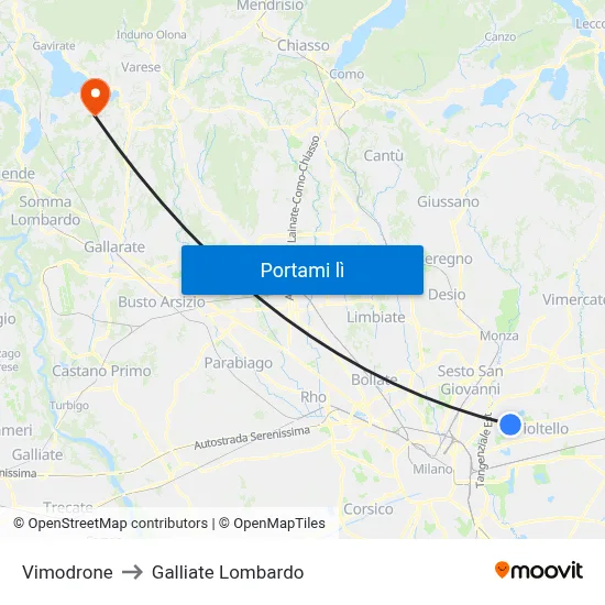 Vimodrone to Galliate Lombardo map