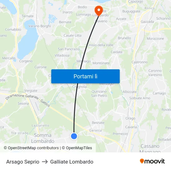 Arsago Seprio to Galliate Lombardo map