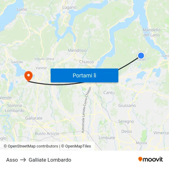 Asso to Galliate Lombardo map