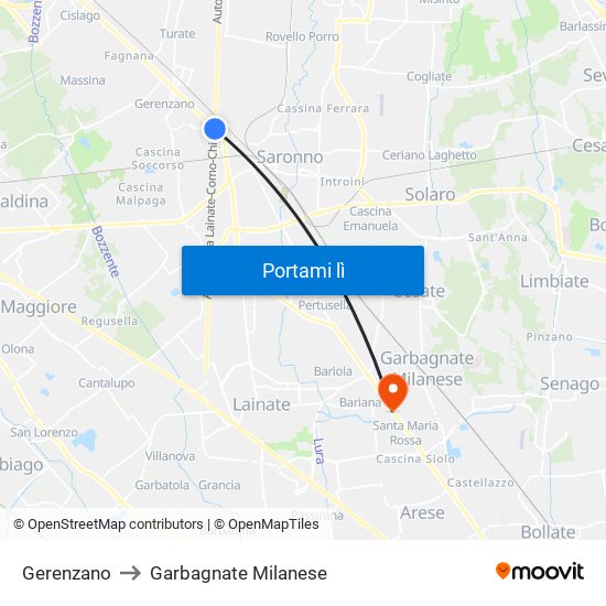 Gerenzano to Garbagnate Milanese map