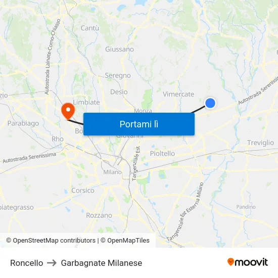 Roncello to Garbagnate Milanese map