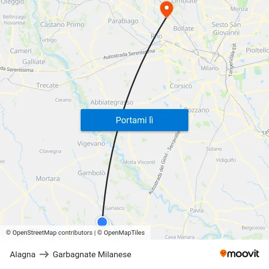 Alagna to Garbagnate Milanese map