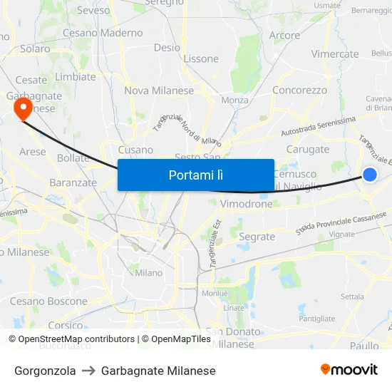Gorgonzola to Garbagnate Milanese map