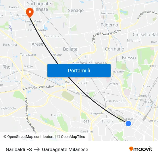 Garibaldi FS to Garbagnate Milanese map