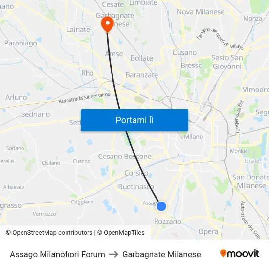 Assago Milanofiori Forum to Garbagnate Milanese map
