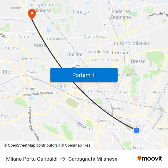 Milano Porta Garibaldi to Garbagnate Milanese map
