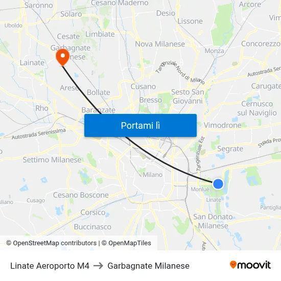 Linate Aeroporto M4 to Garbagnate Milanese map