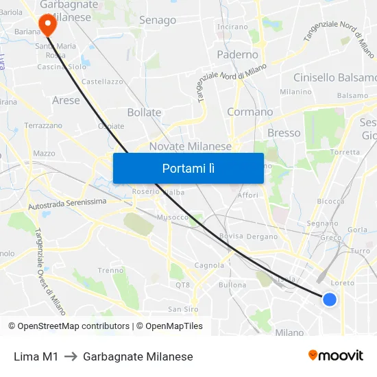 Lima M1 to Garbagnate Milanese map