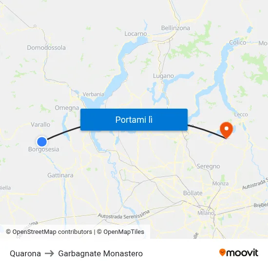 Quarona to Garbagnate Monastero map