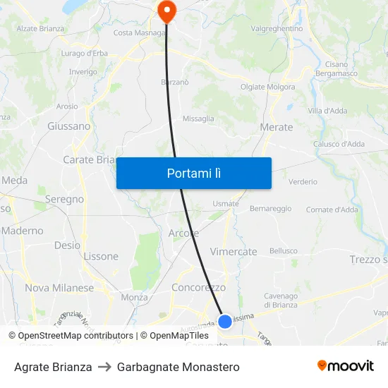 Agrate Brianza to Garbagnate Monastero map