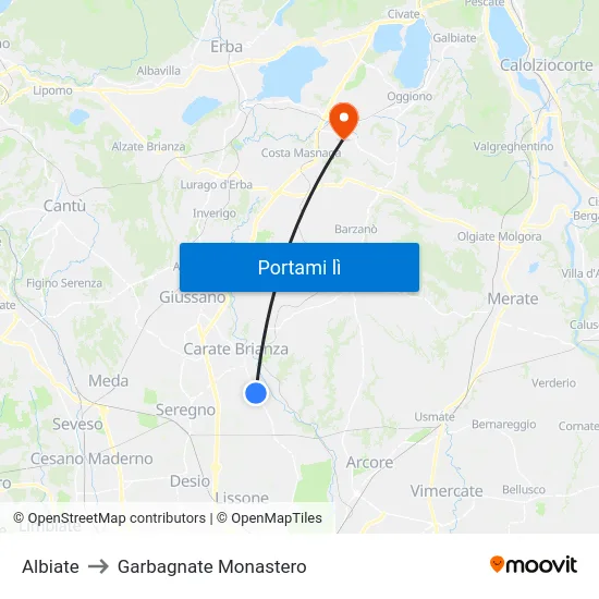 Albiate to Garbagnate Monastero map