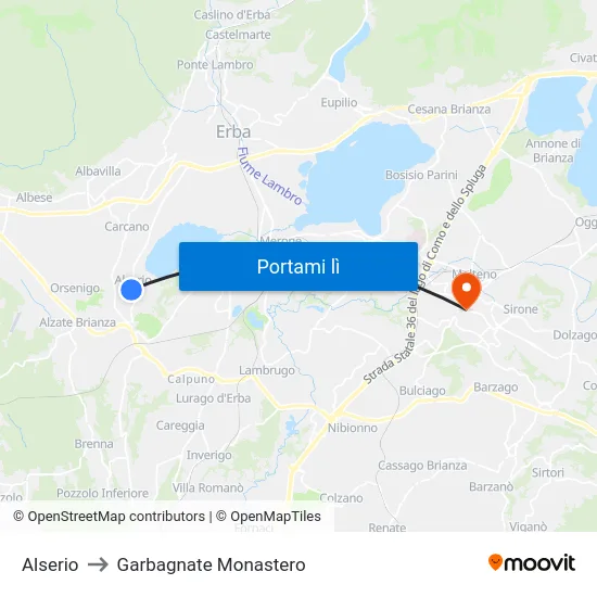 Alserio to Garbagnate Monastero map