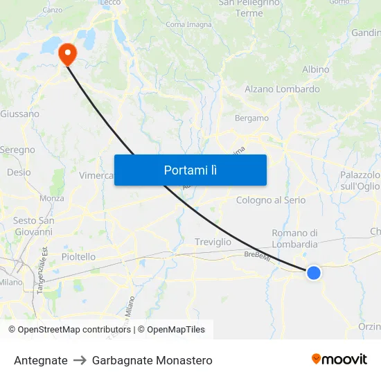 Antegnate to Garbagnate Monastero map