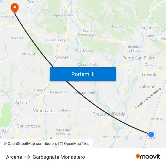 Arcene to Garbagnate Monastero map
