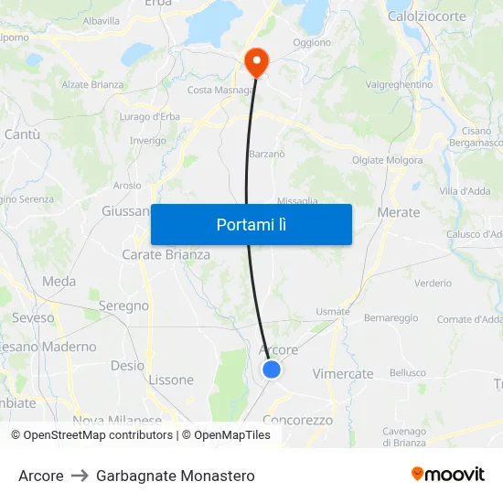 Arcore to Garbagnate Monastero map