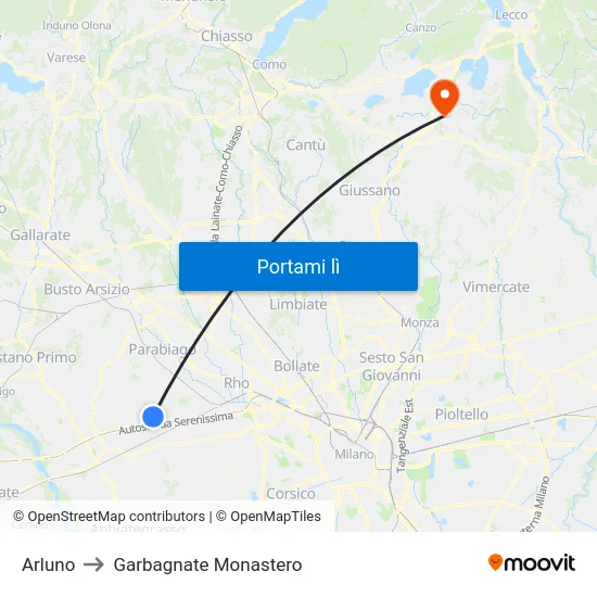 Arluno to Garbagnate Monastero map