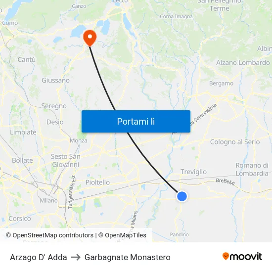 Arzago D' Adda to Garbagnate Monastero map