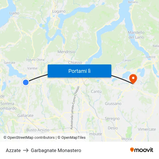 Azzate to Garbagnate Monastero map
