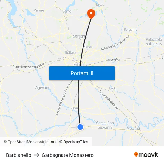 Barbianello to Garbagnate Monastero map