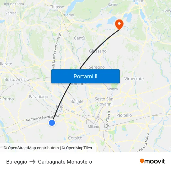 Bareggio to Garbagnate Monastero map
