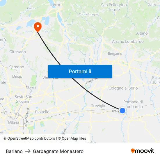 Bariano to Garbagnate Monastero map