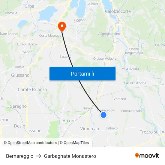 Bernareggio to Garbagnate Monastero map