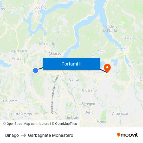 Binago to Garbagnate Monastero map