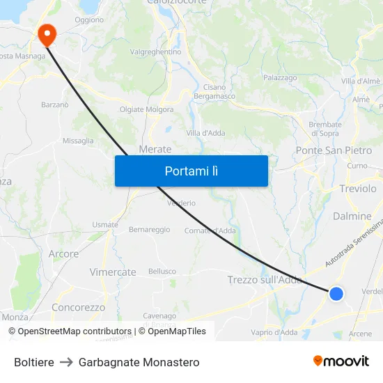 Boltiere to Garbagnate Monastero map