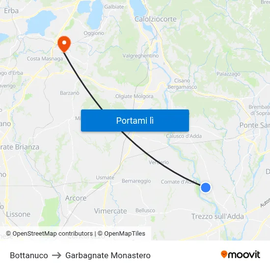 Bottanuco to Garbagnate Monastero map
