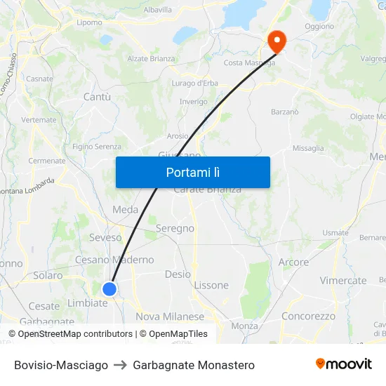 Bovisio-Masciago to Garbagnate Monastero map