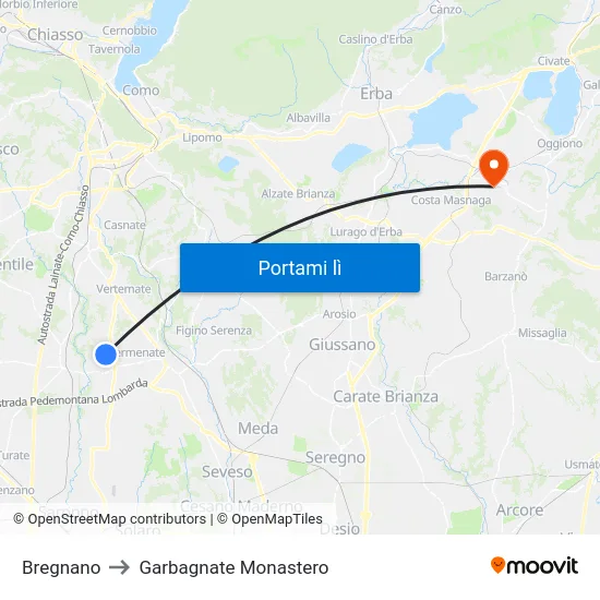 Bregnano to Garbagnate Monastero map