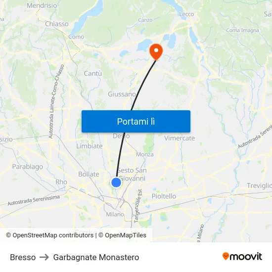 Bresso to Garbagnate Monastero map