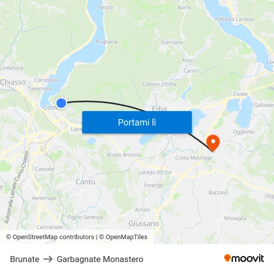 Brunate to Garbagnate Monastero map