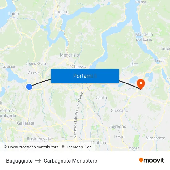 Buguggiate to Garbagnate Monastero map