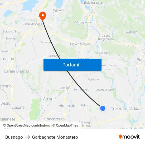 Busnago to Garbagnate Monastero map
