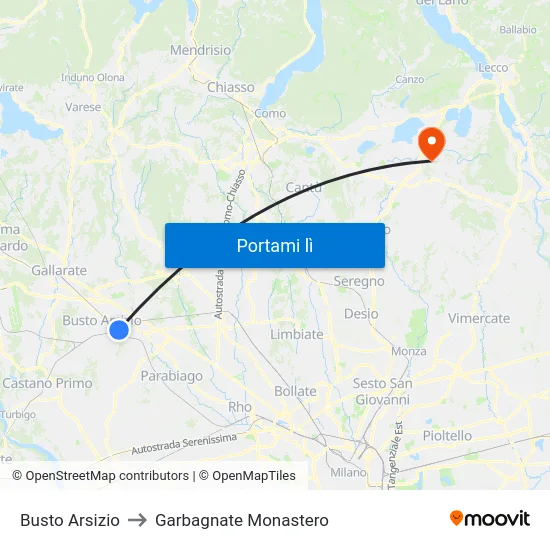 Busto Arsizio to Garbagnate Monastero map