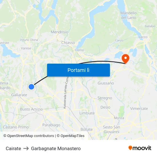 Cairate to Garbagnate Monastero map