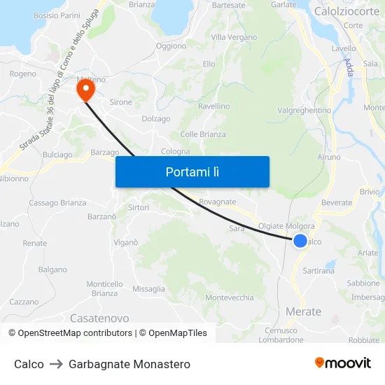 Calco to Garbagnate Monastero map
