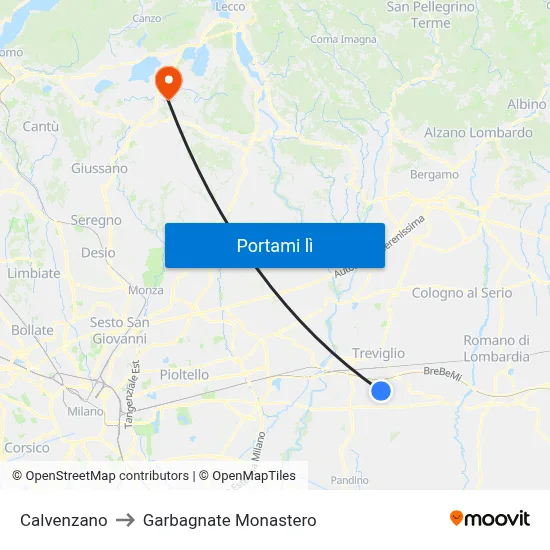 Calvenzano to Garbagnate Monastero map