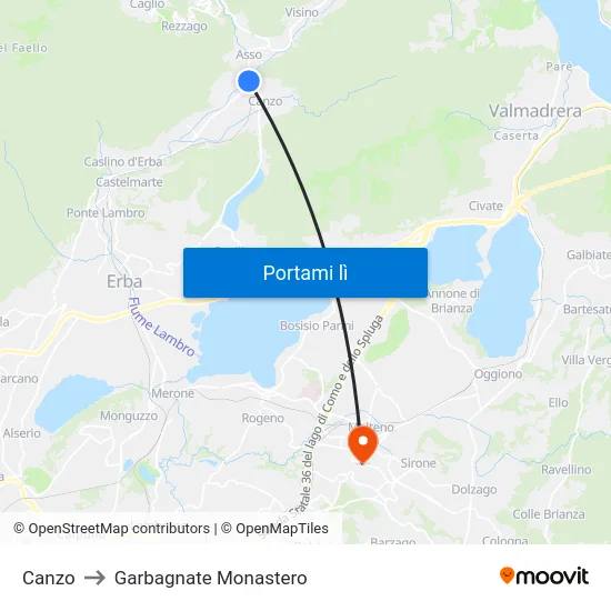 Canzo to Garbagnate Monastero map