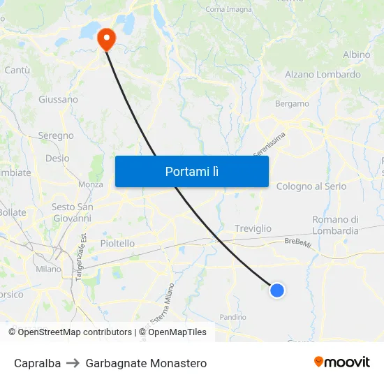 Capralba to Garbagnate Monastero map