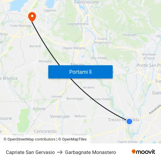 Capriate San Gervasio to Garbagnate Monastero map